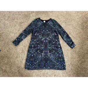 CABI Green Blue Floral Long Sleeve Lace Up Dress Flowy Casual Career Lux LARGE